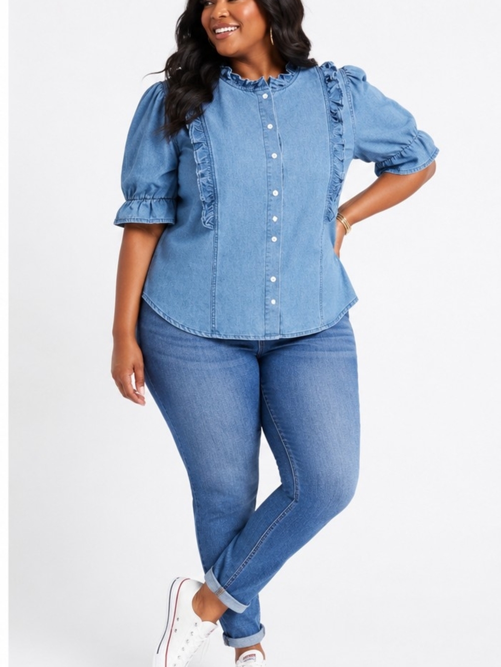 SHEIN Light Blue Denim Ruffle Button-Front Blouse